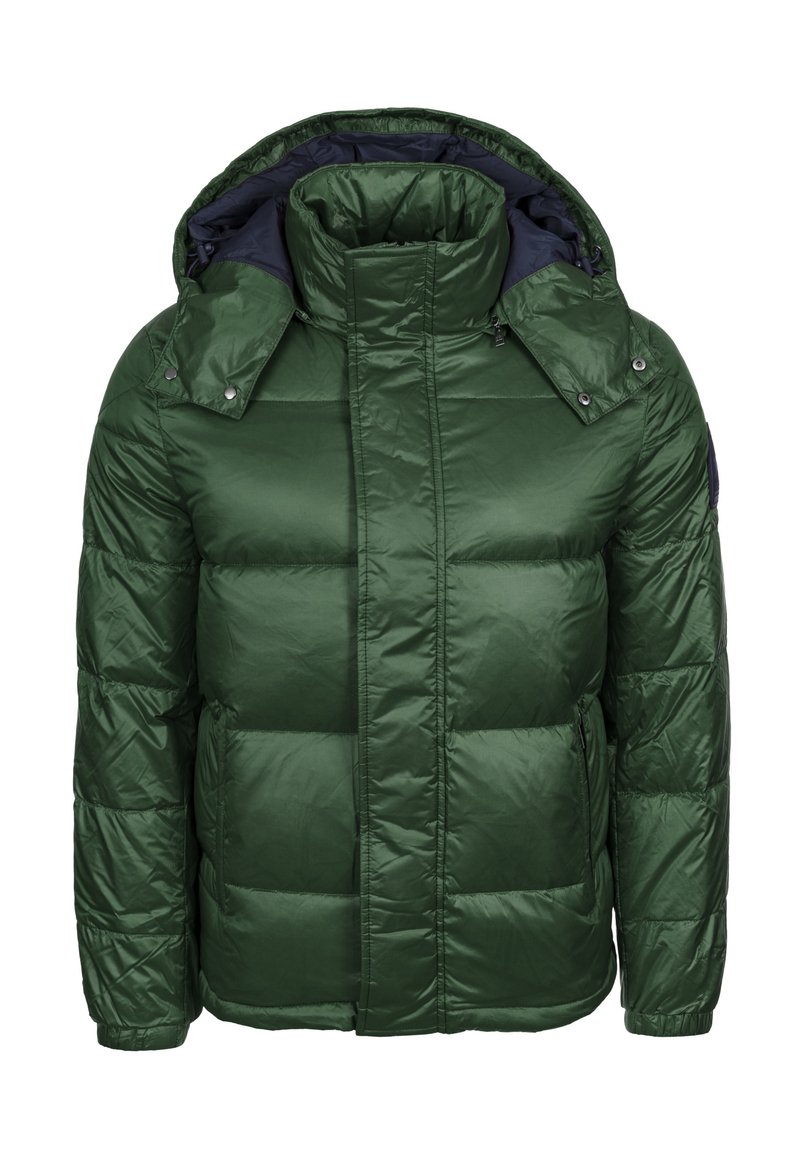 Green puffer jacket with a high collar and hood, featuring quilted design, shiny texture, side pockets, and contrasting navy lining.