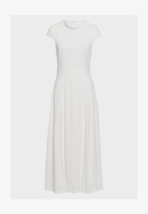 Weißes, kurzärmeliges Kleid mit tailliertem Oberteil und fließendem Rock, ausgestattet mit einer Taillennaht und einem verdeckten Reißverschluss hinten. Glatte Stoffstruktur.