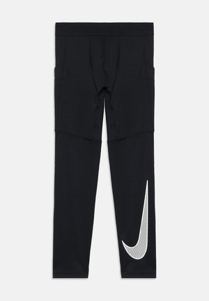 Pantalons de sport noirs en matériau extensible avec une coupe slim. Présente un logo Nike blanc et des poches latérales. Texture lisse sur toute la surface.
