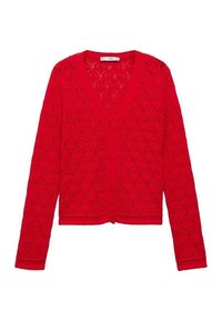 Rød, strikket cardigan med V-hals, lange ærmer og knaplukning. Har et bladmønster og ribbede detaljer ved kanten og manchetterne.