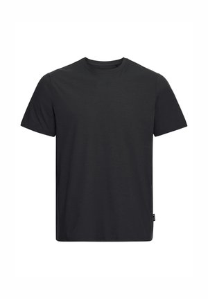 Schwarzes T-Shirt aus glattem Baumwollstoff, mit klassischem Rundhalsausschnitt und kurzen Ärmeln. Keine sichtbaren Muster oder Verzierungen.