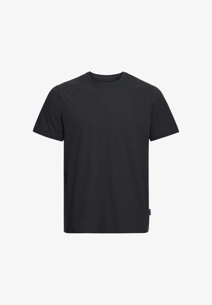 Schwarzes T-Shirt aus glattem Baumwollstoff, mit klassischem Rundhalsausschnitt und kurzen Ärmeln. Keine sichtbaren Muster oder Verzierungen.