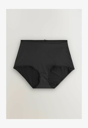 Černé vysoké kalhotky vyrobené z měkké, hladké tkaniny, s elastickým lemem a malou mašlí jako akcentem na pase.