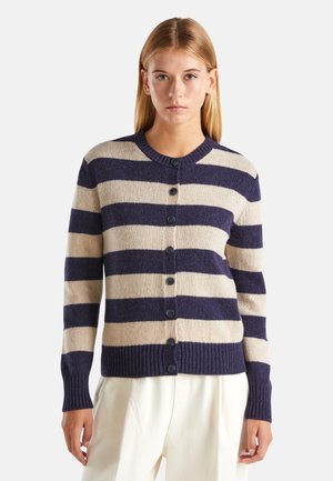Navy and cream striped cardigan made of soft wool, featuring a round neckline, button closures, and ribbed cuffs and hem.