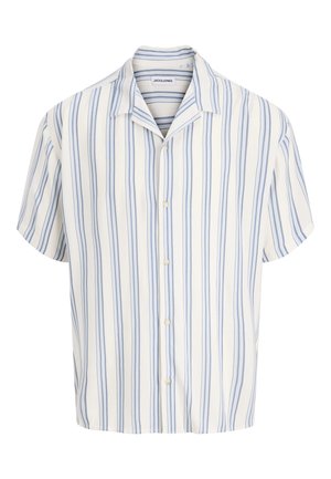 Kurzärmeliges Hemd zum Knöpfen mit vertikalen hellblauen und weißen Streifen, offenem Kragen und Markenetikett innen am Kragen.