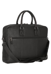 Schwarze Ledertasche für Laptops mit zwei oberen Tragegriffen und einem abnehmbaren Schultergurt. Verfügt über eine zipfbare Vordertasche und eine strukturierte Oberfläche.
