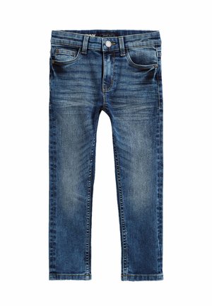 Jean en denim bleu avec poches avant, passants pour ceinture et fermeture par bouton, présenté à plat sur un fond blanc.