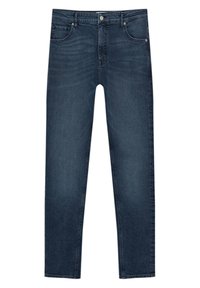 Jeans de mezclilla oscura con corte recto, diseño de cinco bolsillos y un ligero desgastado. Presenta una cremallera y cierre de botón de metal.