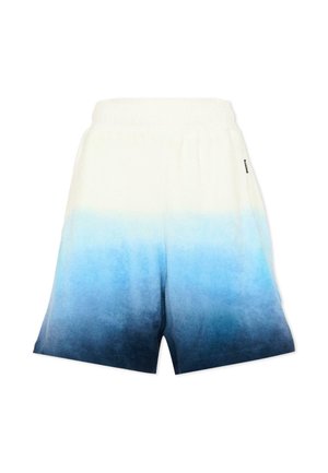 Korte handdoekstofshorts met een verloop van wit naar donkerblauw, elastische tailleband en klein zijlabel.