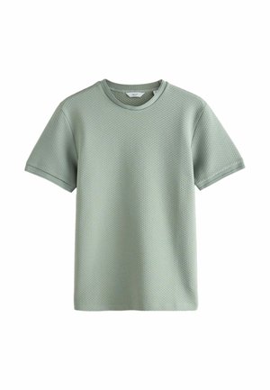 Light green short-sleeve textured knit t-shirt with crew neck and a subtle woven pattern, shown on a white background.