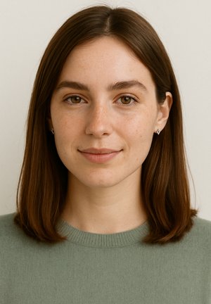 Portræt af en person med mellemlangt brunt hår, iført en grøn sweater og sølv stud øreringe, mod en neutral baggrund.