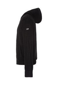 Hoodie noir en maille avec accents côtelés, poches latérales et poignets ajustés. Présente un logo sur la manche et une silhouette décontractée.