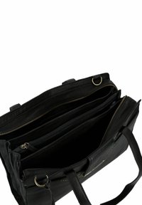 Zwarte leren totebag met meerdere geconditioneerde compartimenten, voorzien van twee handvatten, goudkleurige ritsaccenten en een gestructureerd oppervlak.