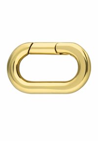Gouden metalen karabijnhaak, ovale vorm met een gladde, glanzende oppervlakte en een scharniermechanisme, ontworpen voor veilige verbindingen.