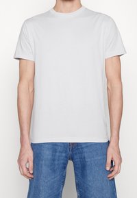 Ljusgrå bomullströja med rundhals och korta ärmar, med en klassisk design och rak skärning i nederkant.