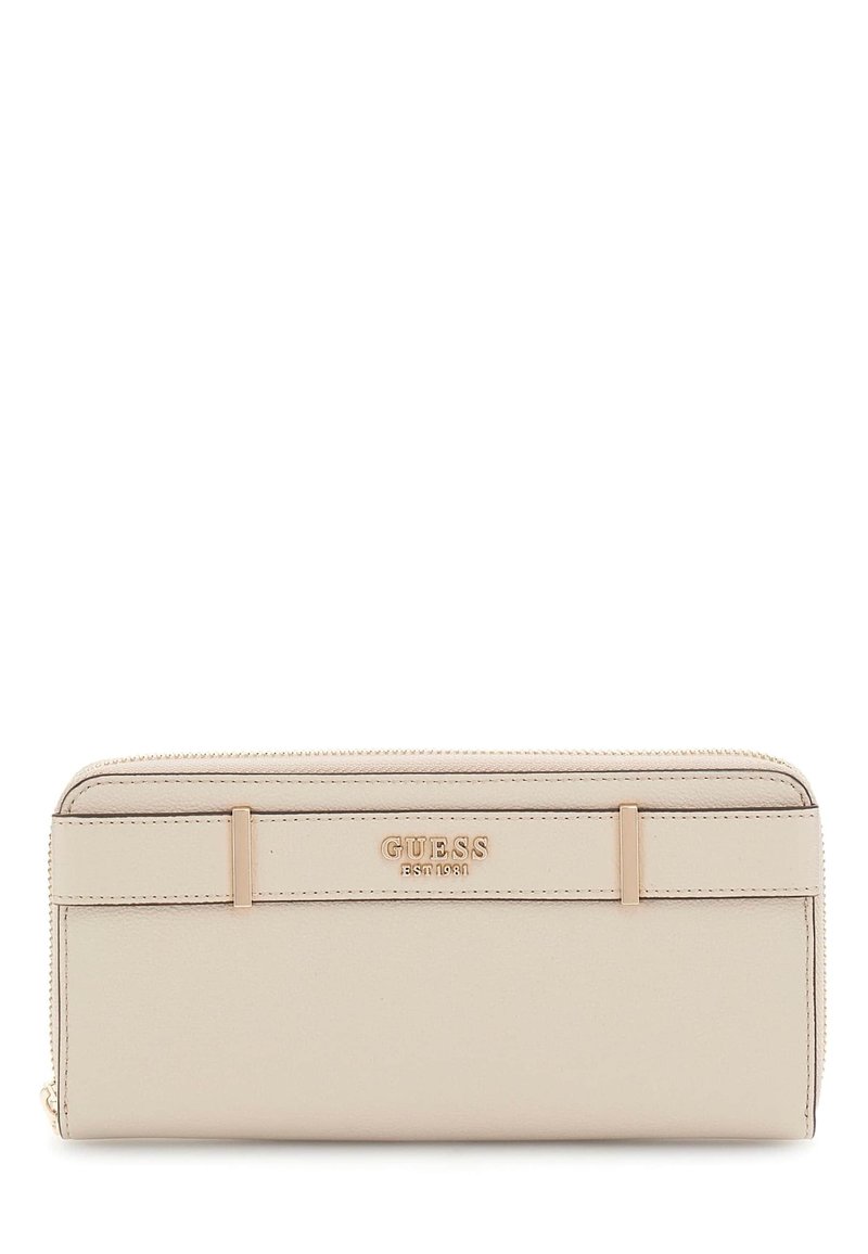 Portafoglio in pelle beige con dettagli in metallo dorato, logo centrato sulla parte anteriore, forma rettangolare slim e chiusura con zip lungo il bordo superiore.