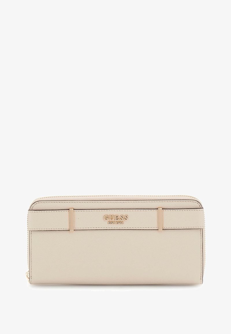 Portafoglio in pelle beige con dettagli in metallo dorato, logo centrato sulla parte anteriore, forma rettangolare slim e chiusura con zip lungo il bordo superiore.