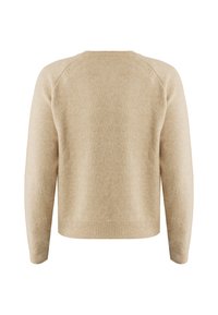 Beiger Strickpullover mit langen Ärmeln, rundem Ausschnitt und geripptem Saum. Die Textur ist weich und mit einem leichten, einheitlichen Muster durchzogen.