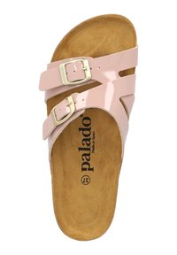 Sandalo in pelle lucida di colore rosa chiaro con due fasce regolabili e fibbie in metallo. Soletta in morbido marrone, impressa con "palado" e taglia 37.