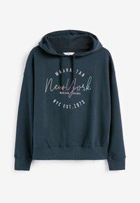 Sweat à capuche bleu marine foncé avec cordons, avec inscription multicolore « New York » et texte blanc « Manhattan Madison Avenue NYC Est. 1973 » sur le devant.