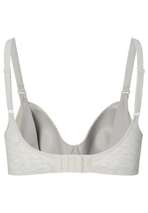 Lys grå bh med en glat tekstur, formede skåle, justerbare stropper og en hægteslå-lukning med fire hægter på ryggen.