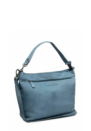 Sac à main en cuir bleu clair avec poignée supérieure, bandoulière amovible et poche zippée avant sur fond blanc.