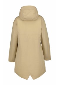 Manteau beige mi-long avec capuche, présentant un design simple, une texture lisse et une légère forme en A. Comprend un détail de couture au dos.