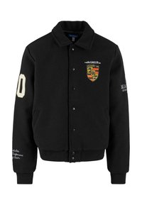 Black varsity jacket in durable fabric with snap buttons. Features embroidered logo and text on chest and sleeve, with white accents.