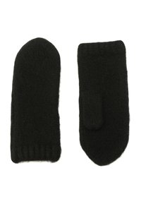 Para czarnych, dzierganych wełnianych rękawiczek, jedna pokazuje stronę z kciukiem, druga pełne przednie ujęcie, na białym tle.