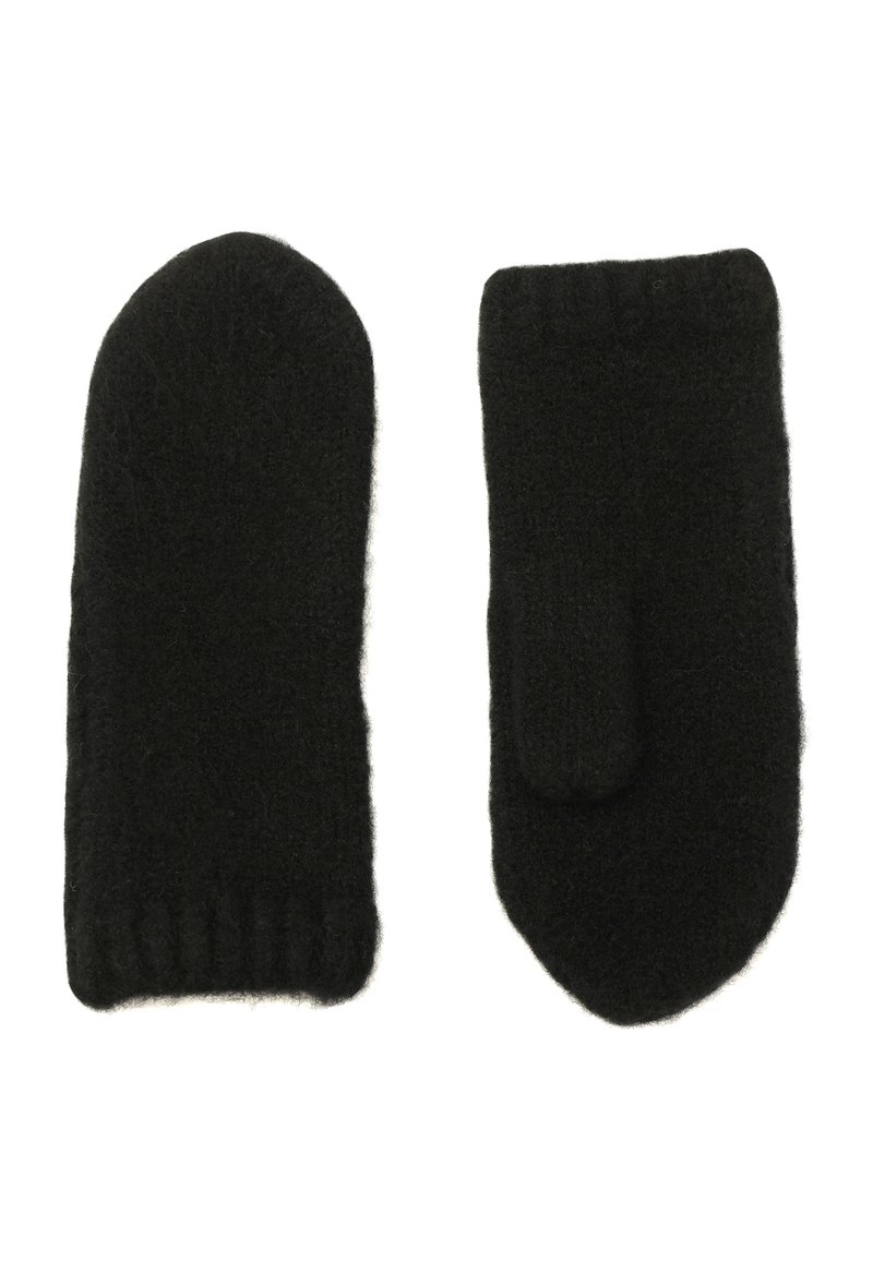 Para czarnych, dzierganych wełnianych rękawiczek, jedna pokazuje stronę z kciukiem, druga pełne przednie ujęcie, na białym tle.