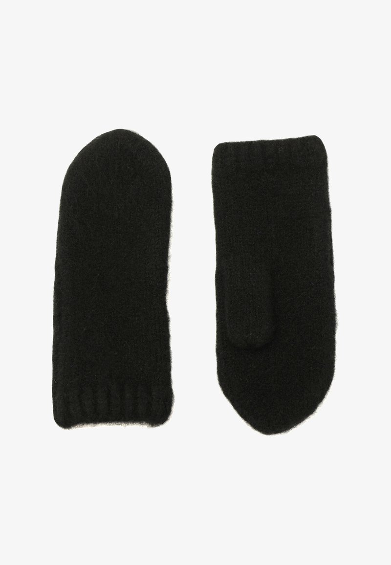 Para czarnych, dzierganych wełnianych rękawiczek, jedna pokazuje stronę z kciukiem, druga pełne przednie ujęcie, na białym tle.