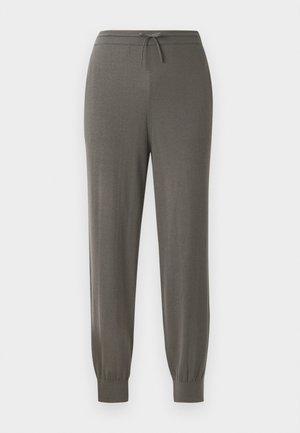 Grå joggebukser med snøring i livet, avsmalnende sømmer, myk tekstur og et glatt, minimalistisk design.