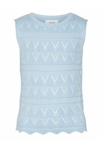 Jasnoniebieski, bezrękawnik z dzianiny z teksturowanym wzorem zygzaków oraz detalami z ażurowego splotu, z falbaniastym dołem.