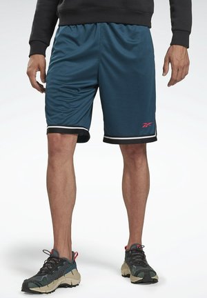 Mand iført turkis atletikshorts med sort og hvid kant, sort sweatshirt og mørkegrå sneakers stående på hvid baggrund.