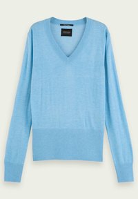 Hellblaues V-Ausschnitt-Pullover aus softem Material. Lange Ärmel mit gerippten Bündchen und Saum. Glatte Textur mit schlichtem Design.