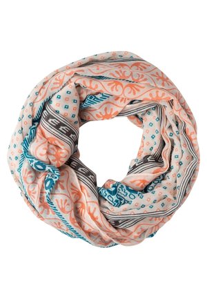 Lichte stof infinity sjaal met koraaloranje bloemenpatronen, turquoise geometrische vormen en zwarte gestreepte accenten op een witte achtergrond.
