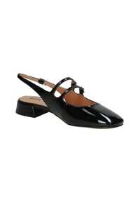 Scarpa slingback in vernice nera con punta affilata, due fasce sottili che attraversano il piede e un tacco basso a blocco.