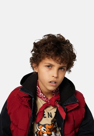 Enfant portant un gilet matelassé rouge sur un sweat à capuche noir, avec un t-shirt crème arborant un motif de tigre. Une bandana rouge est nouée autour du cou.