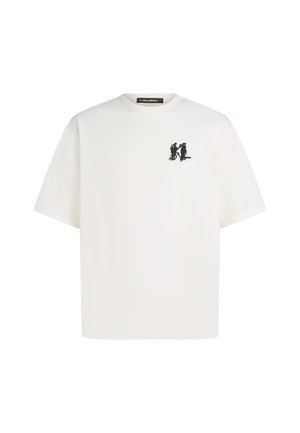 Camiseta de algodón blanca con mangas cortas, que presenta un logo gráfico negro en el lado izquierdo del pecho. Textura suave, escote tipo crew estándar.