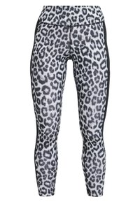 Leggings à imprimé léopard noir et blanc avec une texture lisse, taille haute et panneaux latéraux noirs. Comprend des coutures contrastées et un design ajusté.