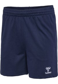 Mörkblå shorts tillverkade av bomullsmaterialblandning med elastisk midja och broderad logotyp i nedersta vänstra hörnet.