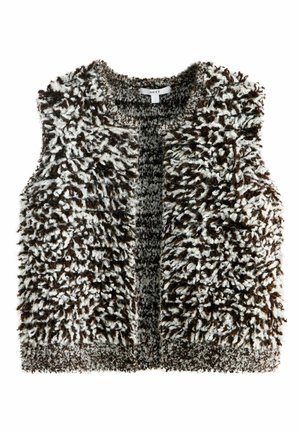 Veste sans manches en grosse laine bouclée noire, blanche et marron créant un motif texturé et duveteux avec un col rond.