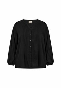 Blusa nera con maniche lunghe e a sbuffo, chiusura con bottoni e pieghe verticali al centro. Realizzata in tessuto lightweight per una vestibilità comoda.