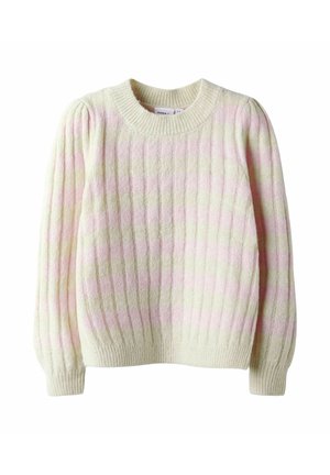 Cremfarbener Strickpullover mit pastellrosa und hellgrünen horizontalen Streifen, gerippten Bündchen, Kragen und Saum, mit leicht gepufften langen Ärmeln.