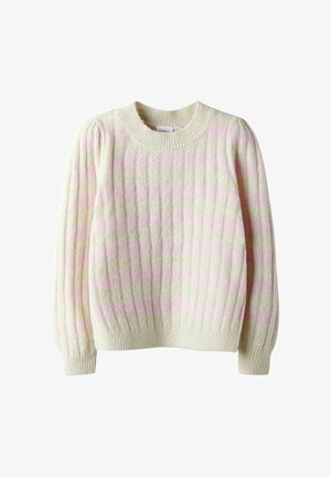 Kreemivärvi koonusne särk, millel on pastellroosad ja helesinised horisontaalsed triibud, soonikust kraed, mansetid ja alläär, ning kerge puffiga pikad varrukad.