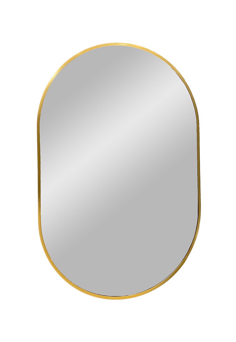 Ovaler Spiegel mit reflektierender Oberfläche, rahmt in einem dünnen goldenen Metallrand. Sanfte Kanten und keine sichtbaren Beschläge.