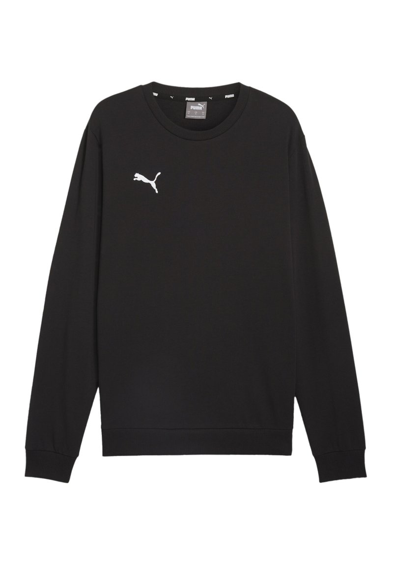 Zwarte sweatshirt van zachte stof, met lange mouwen, een ronde halslijn en een wit Puma-logo op de borst.