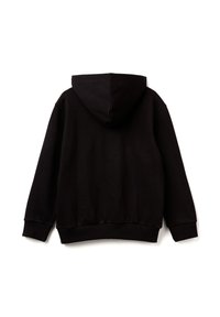 Felpa nera con cappuccio caratterizzata da un design classico, realizzata in tessuto morbido, dotata di tasca a marsupio, polsini a costine e cappuccio con coulisse.
