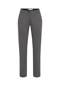 Schwarz-weiße karierte Hosen, gerade geschnitten, mit Knopfverschluss, Gürtelschlaufen und Seitentaschen. Glattes Gewebe mit feiner Textur.