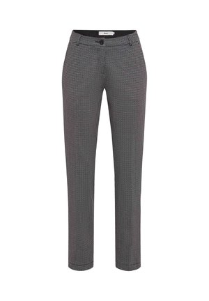 Black and white checked trousers, straight leg, featuring a button closure, belt loops, and side pockets. Smooth fabric with subtle texture.